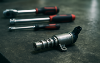 BMW Vanos solenoid valve removed and placed on a workshop bench