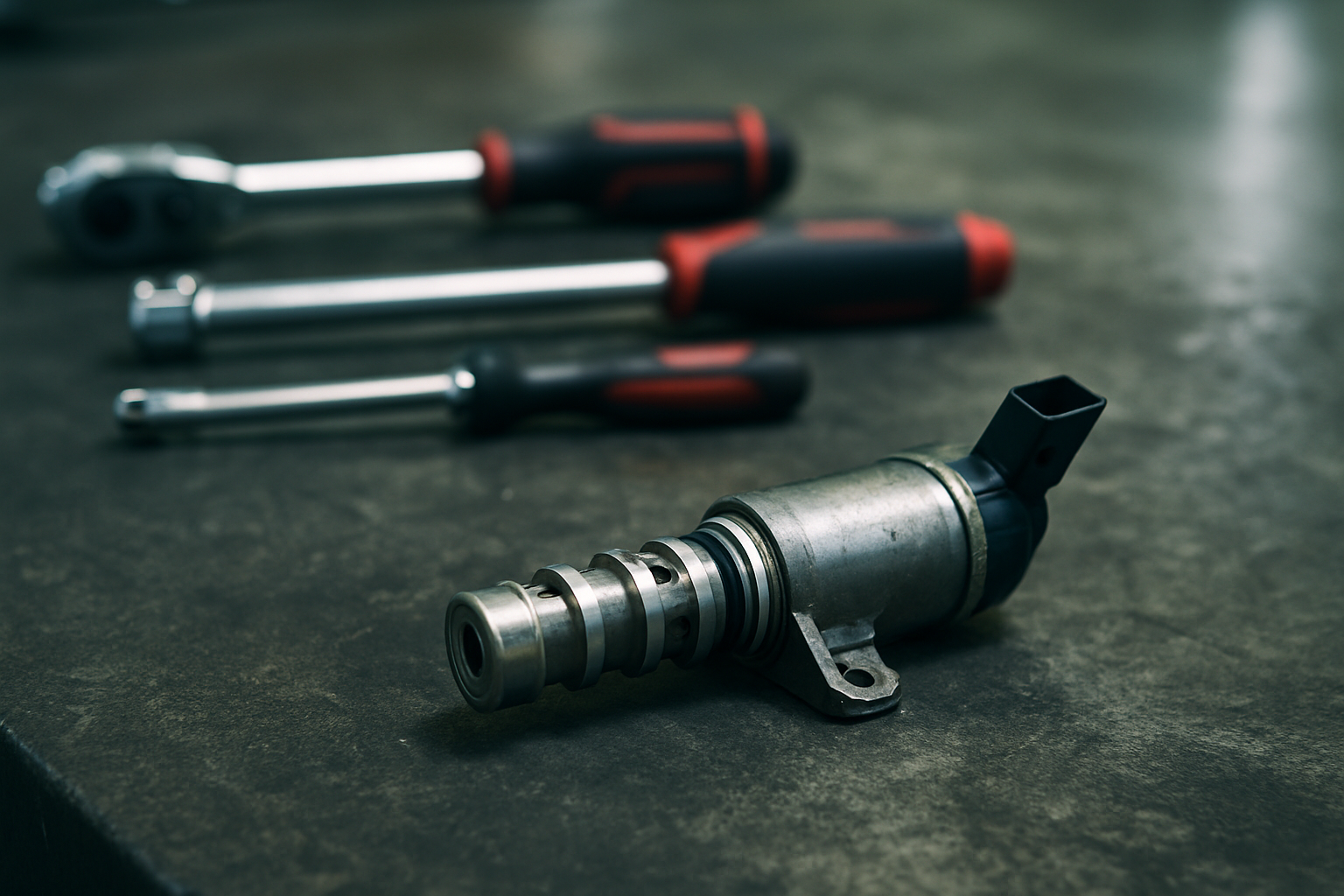 BMW Vanos solenoid valve removed and placed on a workshop bench