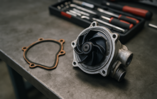 a BMW E90 water pump removed and placed on a workbench next to its housing gasket