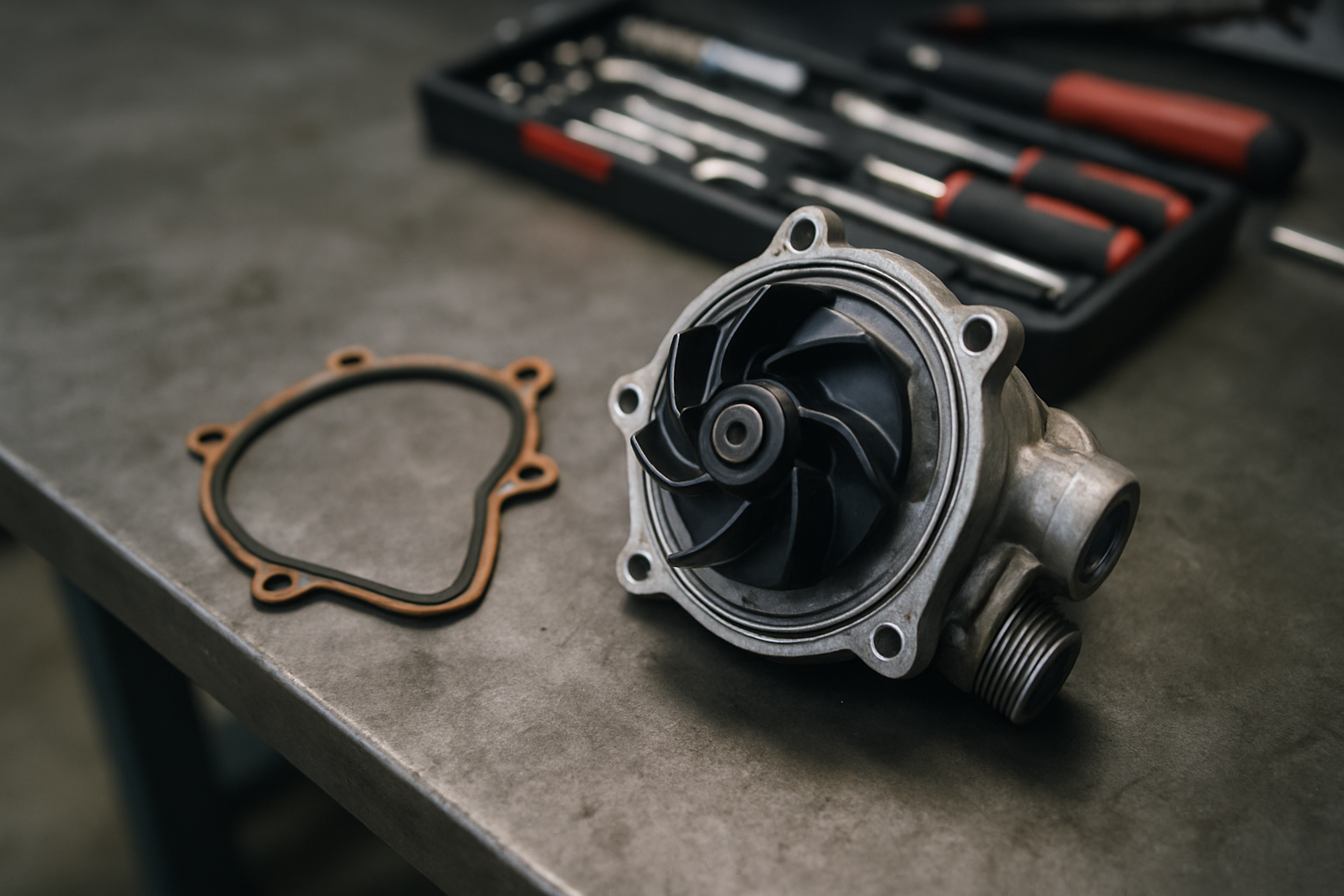 a BMW E90 water pump removed and placed on a workbench next to its housing gasket
