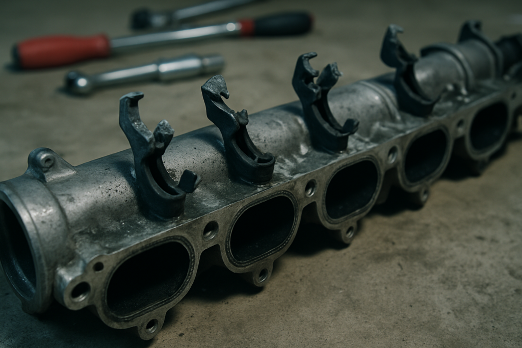BMW M57 diesel engine intake manifold with swirl flaps removed showing damaged plastic actuator levers