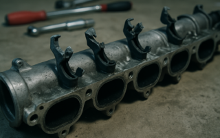 BMW M57 diesel engine intake manifold with swirl flaps removed showing damaged plastic actuator levers
