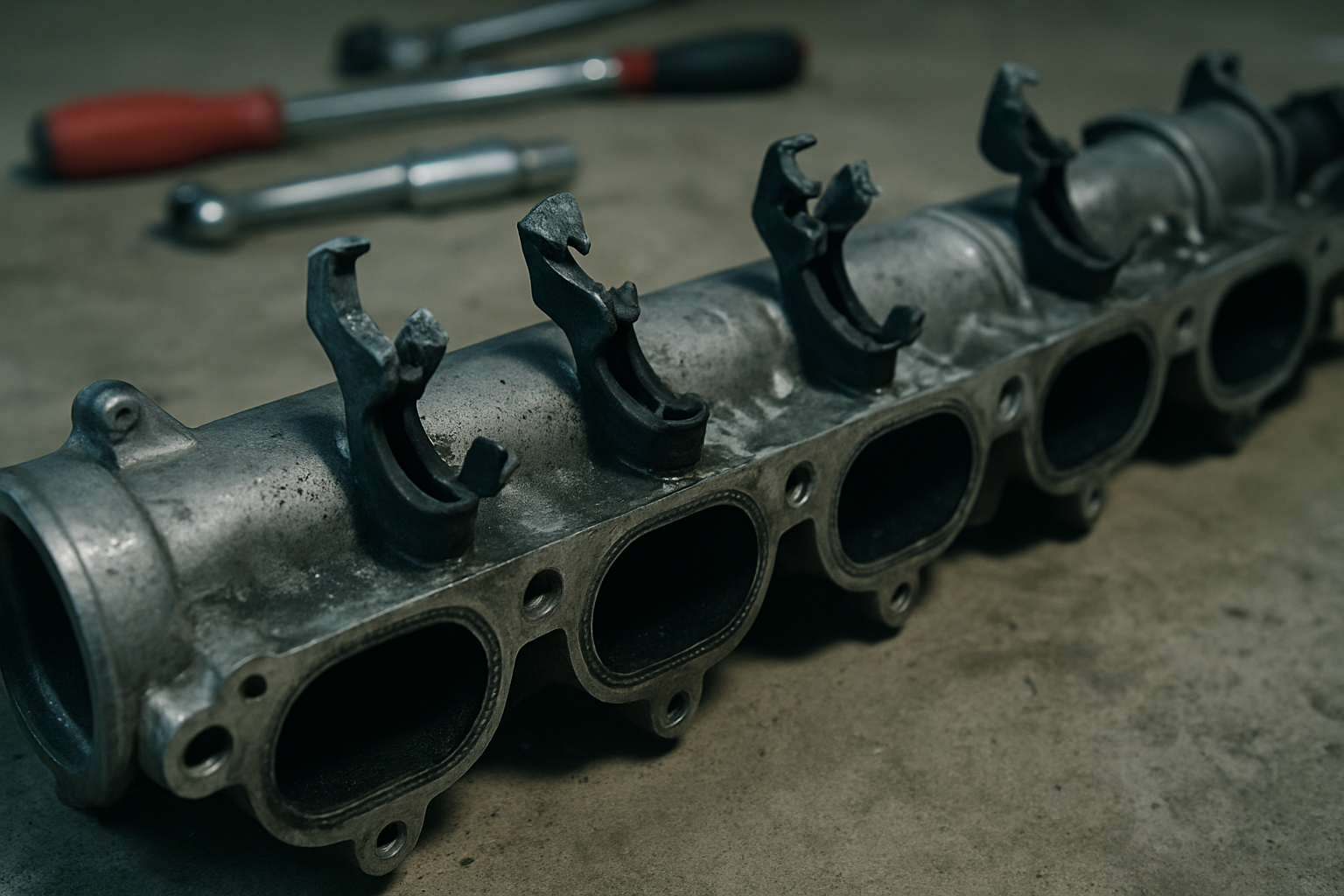BMW M57 diesel engine intake manifold with swirl flaps removed showing damaged plastic actuator levers