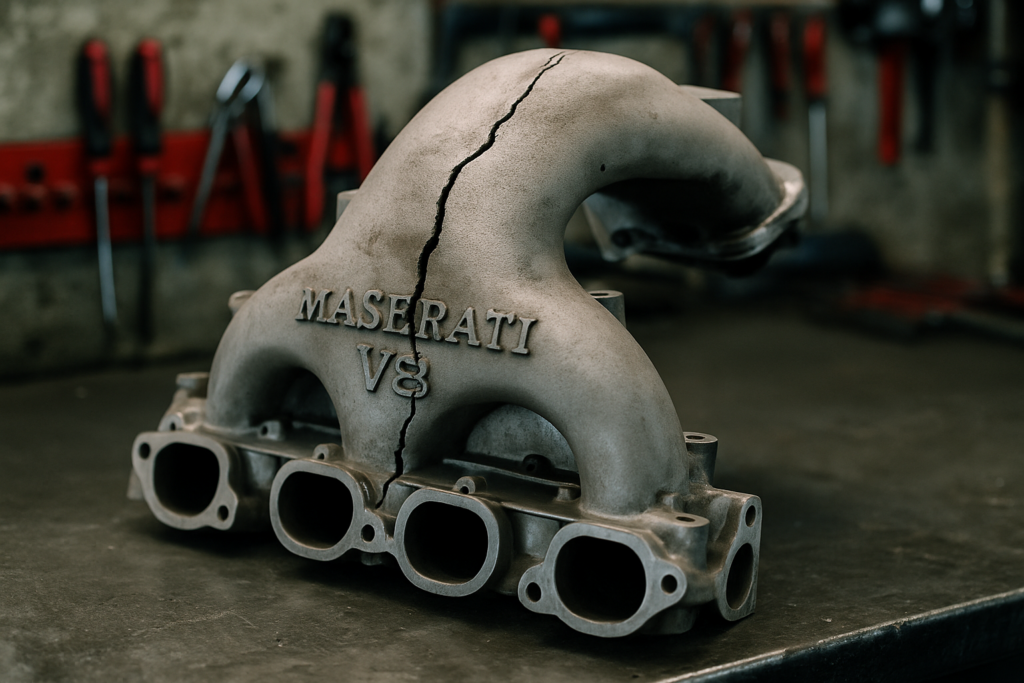 cracked intake manifold from a Maserati F136 V8 engine laid on a workbench