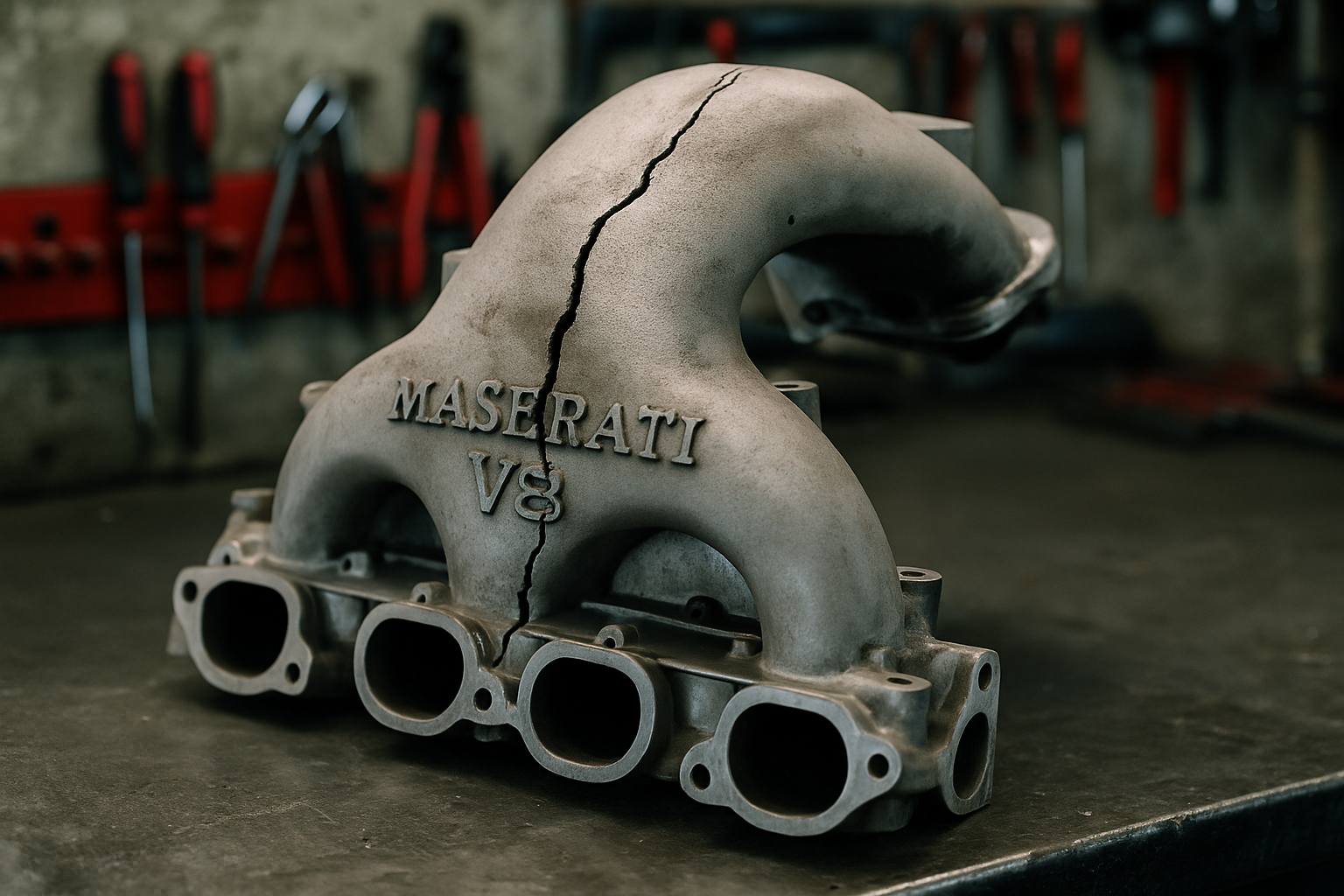 cracked intake manifold from a Maserati F136 V8 engine laid on a workbench