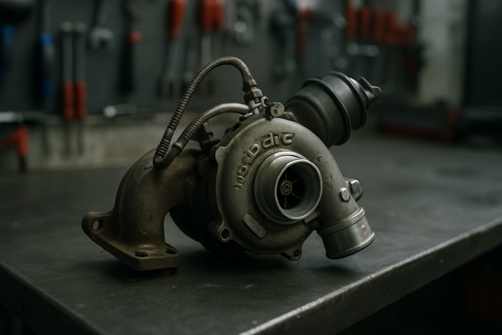 a diesel turbocharger from a Dacia Duster dCi engine removed and placed on a workbench