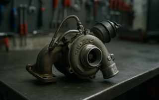 a diesel turbocharger from a Dacia Duster dCi engine removed and placed on a workbench