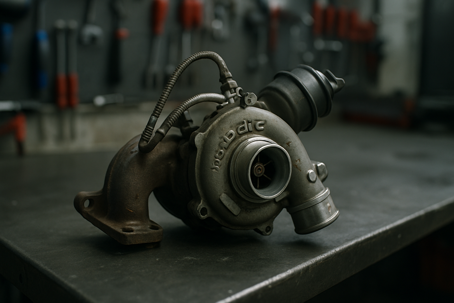 a diesel turbocharger from a Dacia Duster dCi engine removed and placed on a workbench