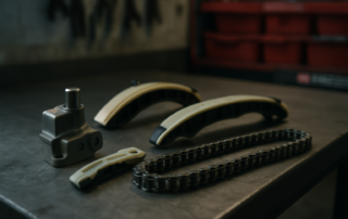 timing chain tensioner and chain kit for Jaguar AJ-V8 engine laid out on a workbench