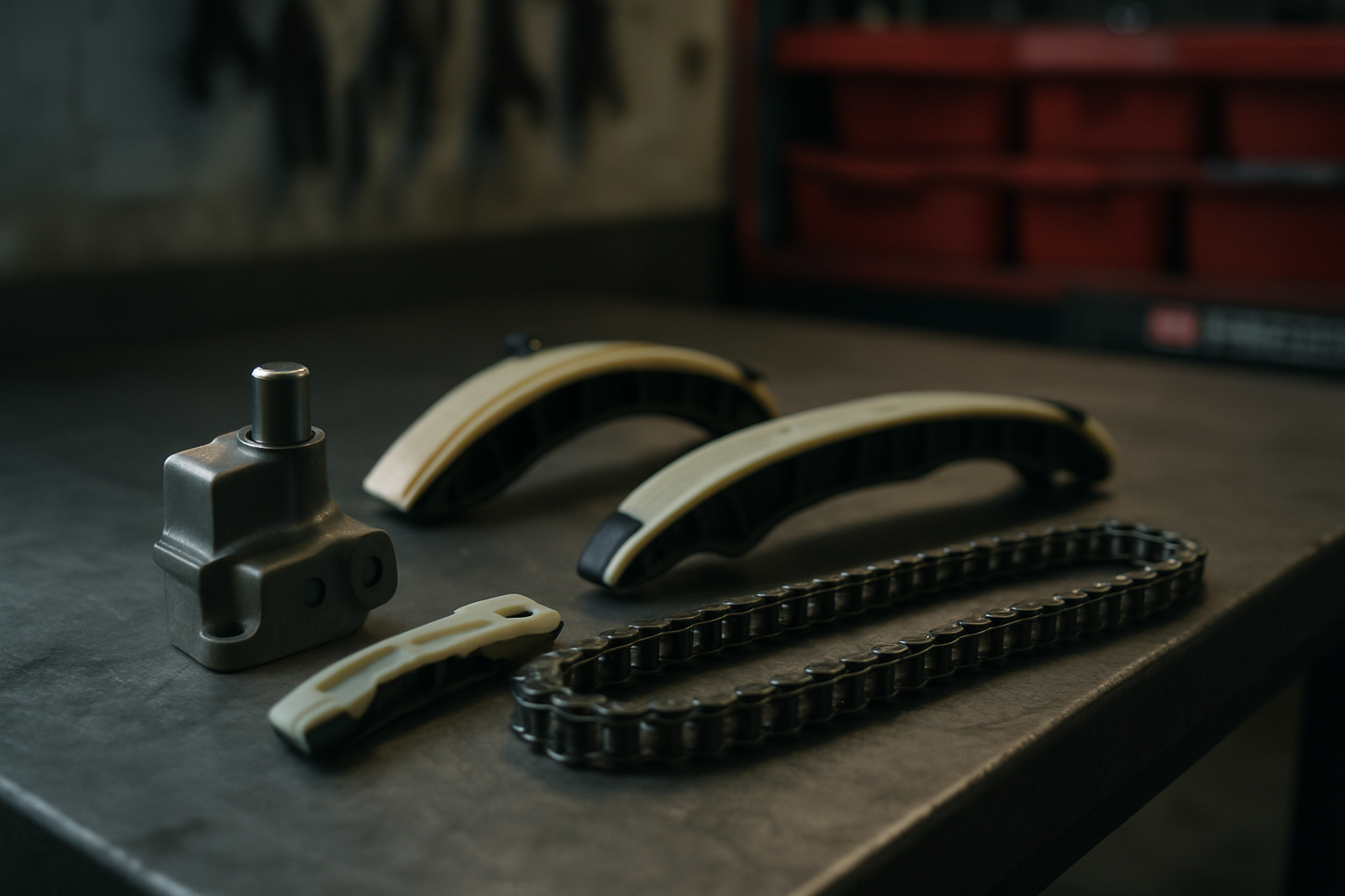 timing chain tensioner and chain kit for Jaguar AJ-V8 engine laid out on a workbench