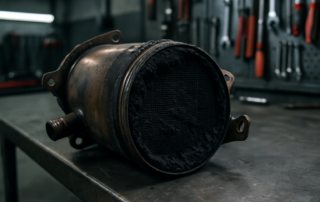 a clogged diesel particulate filter covered in black soot residue placed on a workbench