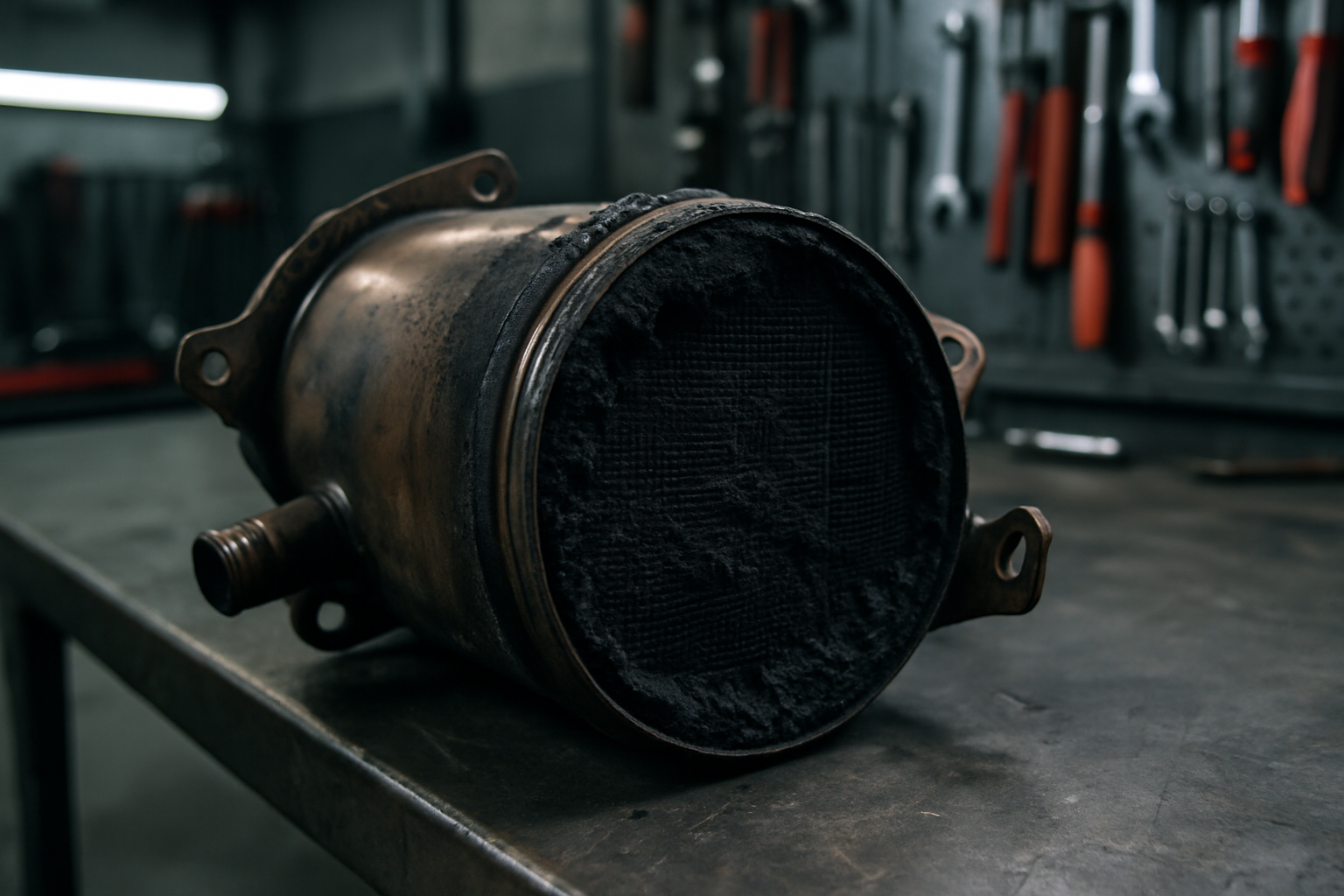 a clogged diesel particulate filter covered in black soot residue placed on a workbench
