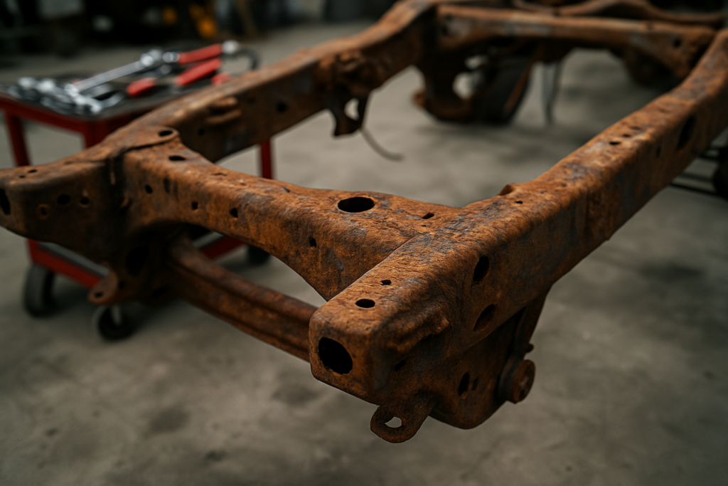 rusty Nissan Navara chassis frame showing heavy corrosion and oxidation