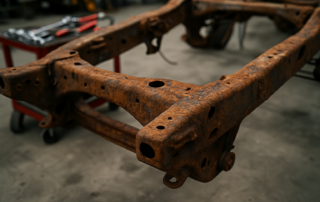 rusty Nissan Navara chassis frame showing heavy corrosion and oxidation
