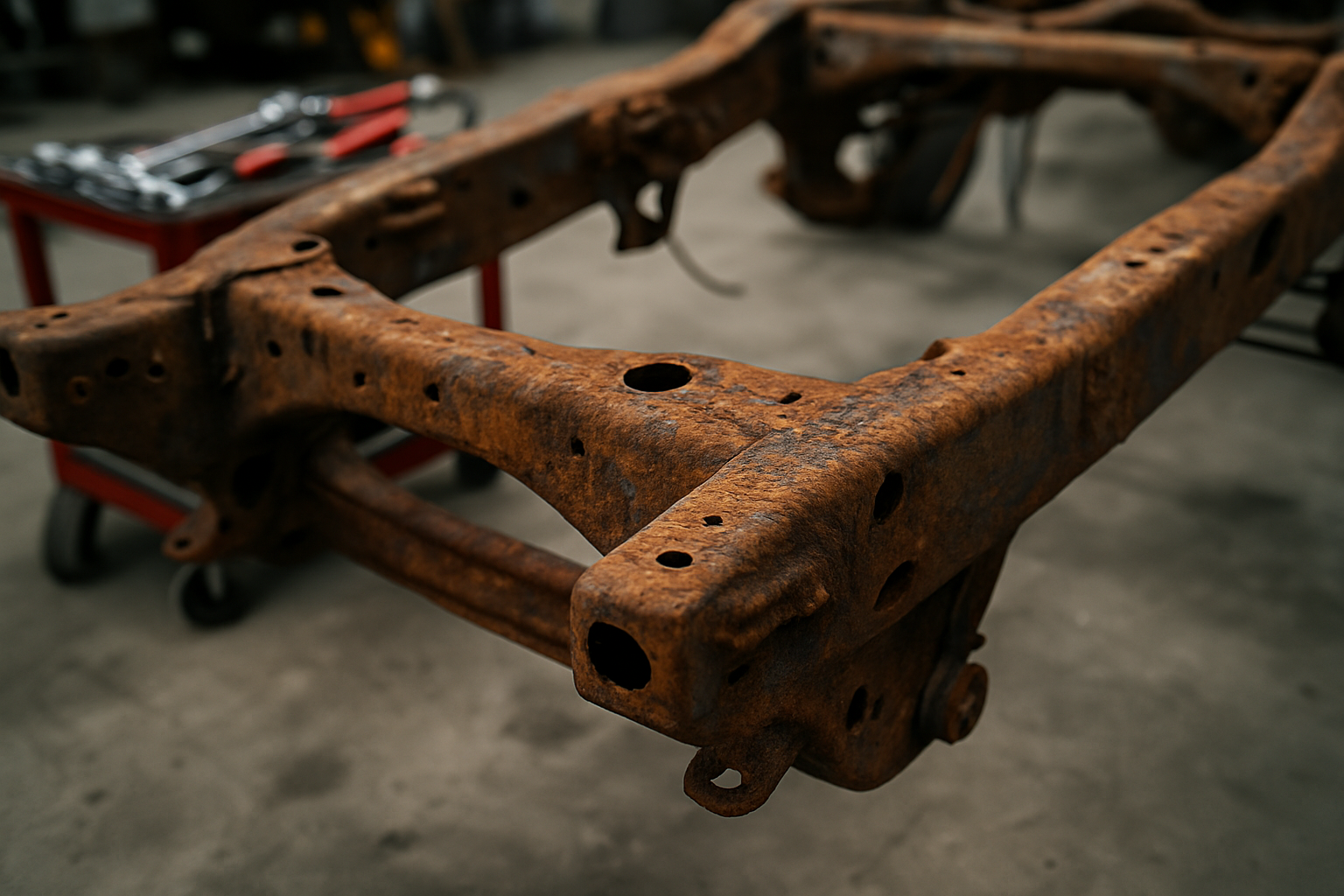 rusty Nissan Navara chassis frame showing heavy corrosion and oxidation