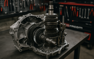 manual gearbox from a Renault Mégane RS disassembled on a workbench