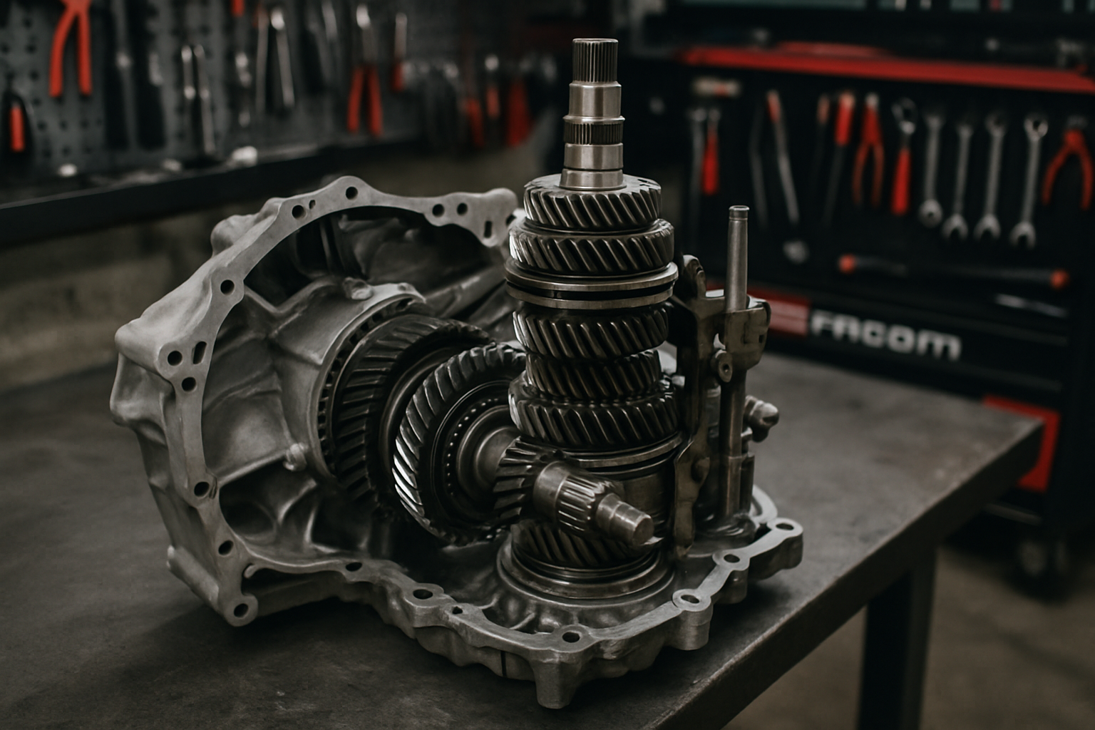 manual gearbox from a Renault Mégane RS disassembled on a workbench