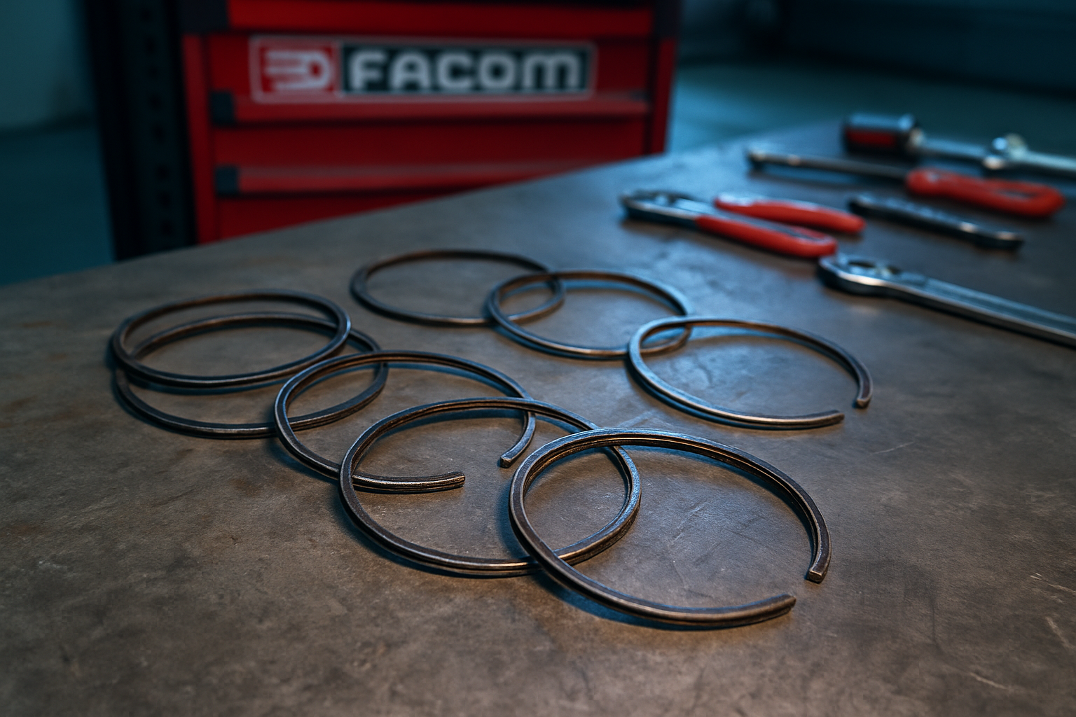 worn piston rings from a Nissan 370Z VQ37VHR engine laid out on a workbench
