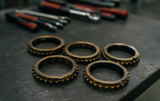 worn synchronizer rings from a Honda Civic Type R manual gearbox laid out on a workbench