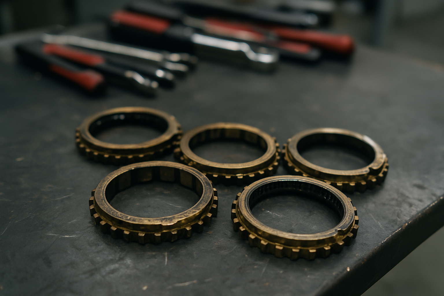 worn synchronizer rings from a Honda Civic Type R manual gearbox laid out on a workbench