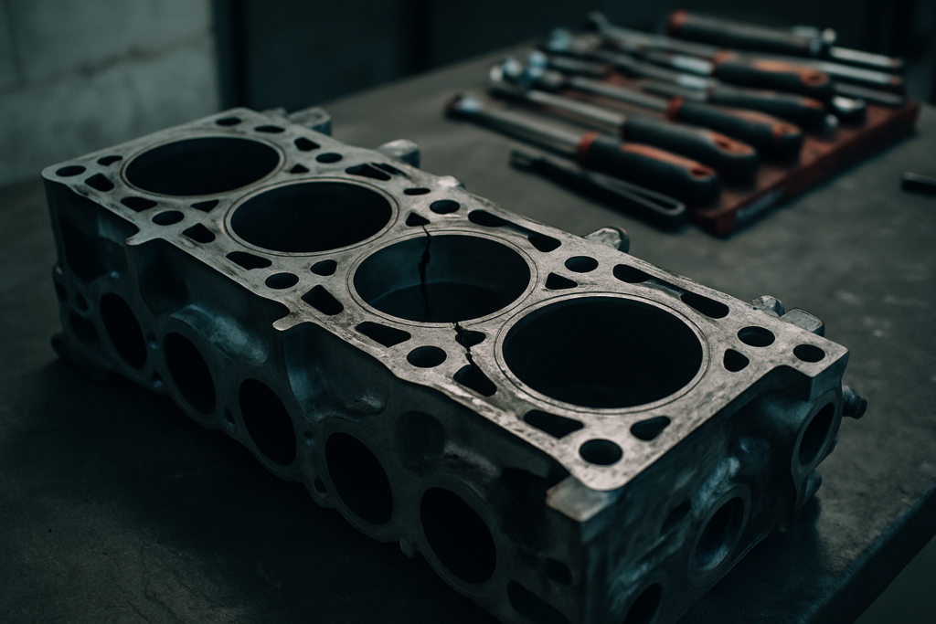 cracked cylinder head from a Ford Focus RS Mk2 5-cylinder engine laid on a workbench