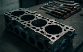 cracked cylinder head from a Ford Focus RS Mk2 5-cylinder engine laid on a workbench