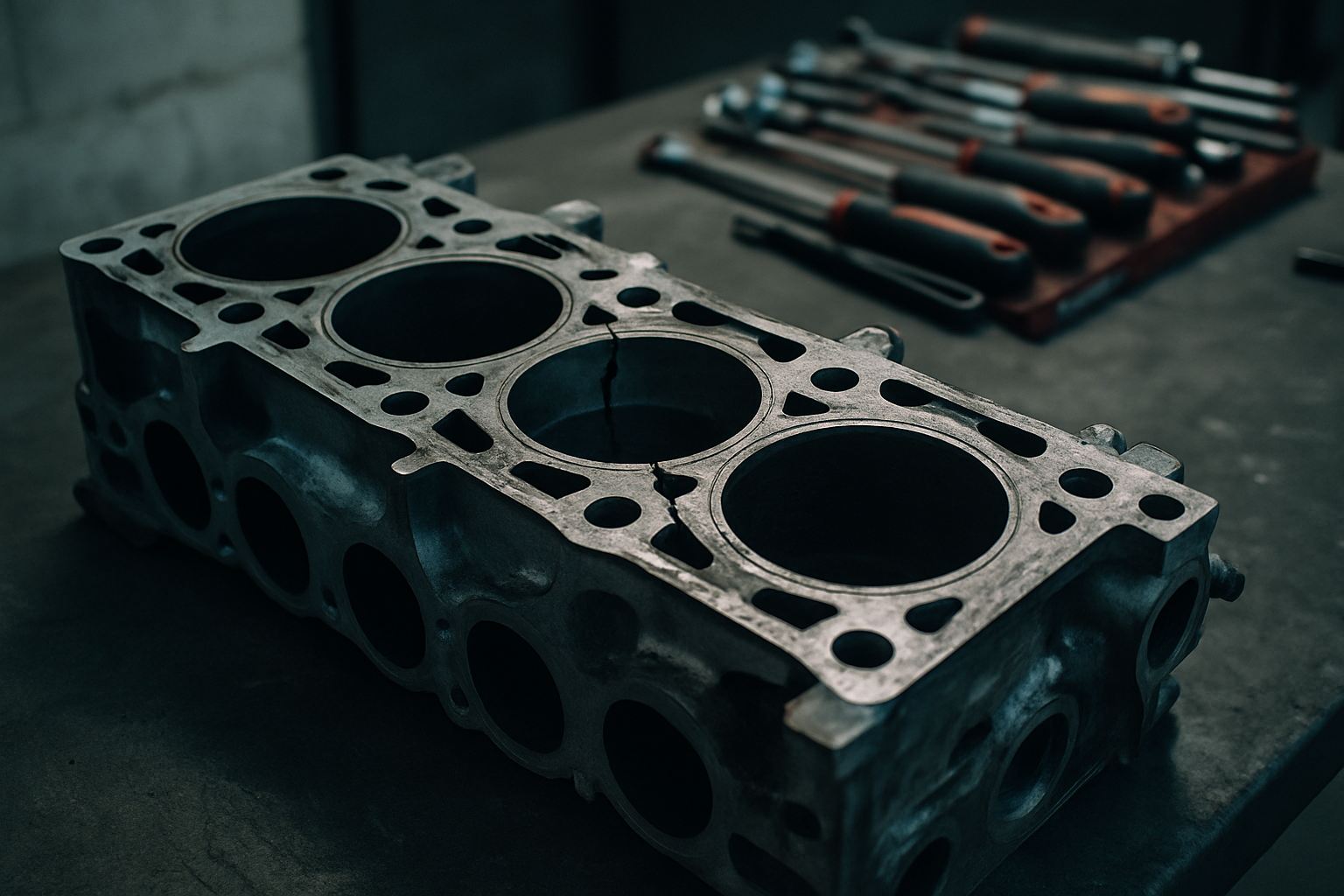 cracked cylinder head from a Ford Focus RS Mk2 5-cylinder engine laid on a workbench