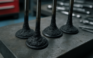 heavily carbon-caked intake valves from an Audi 2.0 TFSI engine removed and laid on a workbench