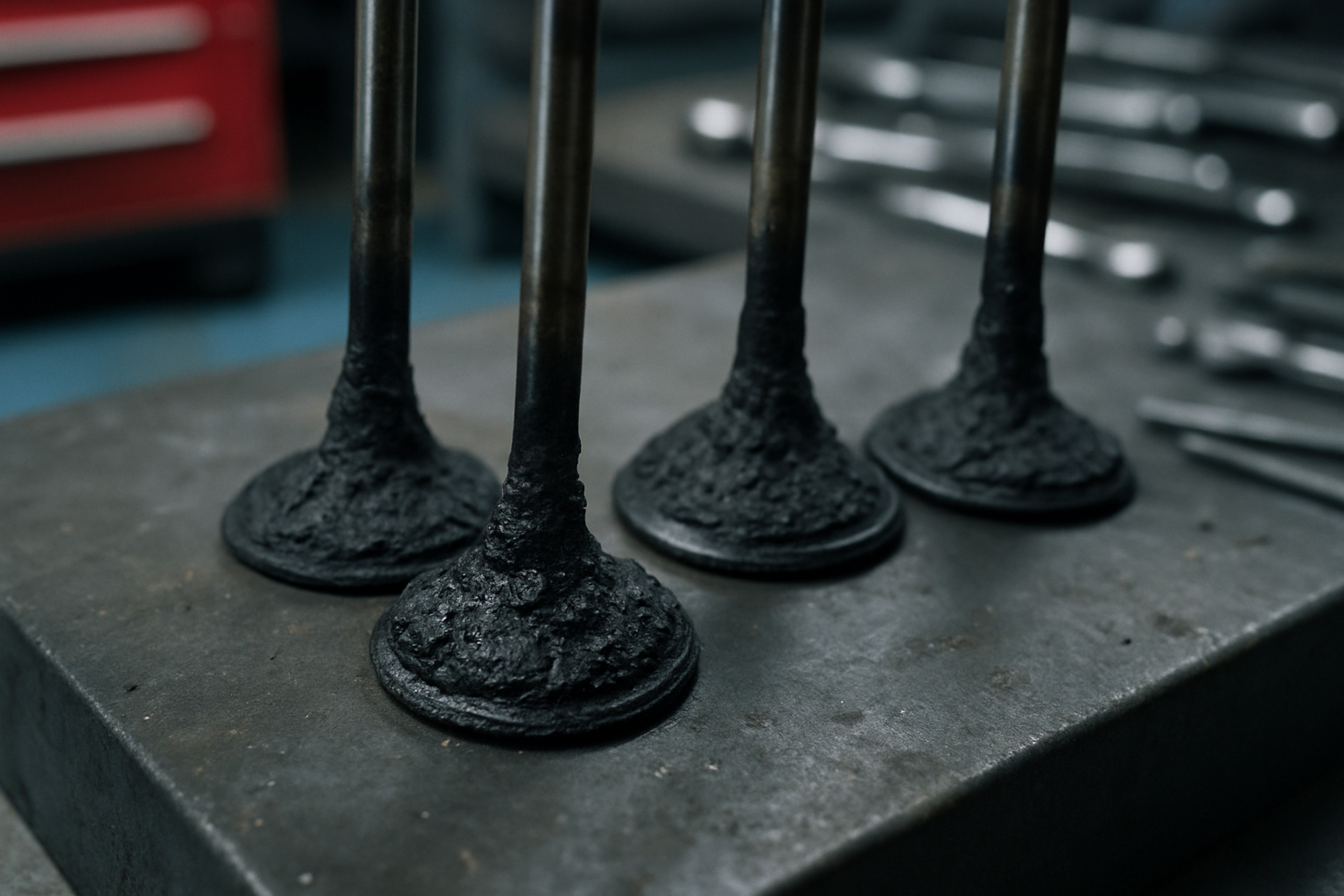 heavily carbon-caked intake valves from an Audi 2.0 TFSI engine removed and laid on a workbench