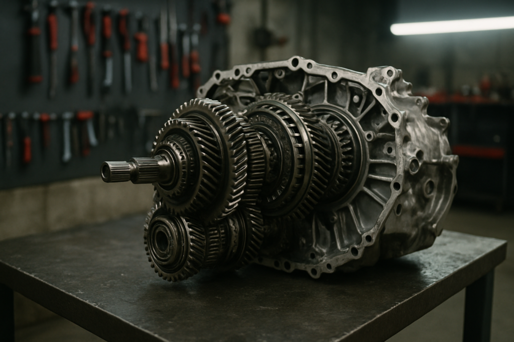 disassembled dual-clutch SST transmission unit from a Mitsubishi Lancer Evolution X on a steel workbench