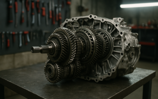 disassembled dual-clutch SST transmission unit from a Mitsubishi Lancer Evolution X on a steel workbench