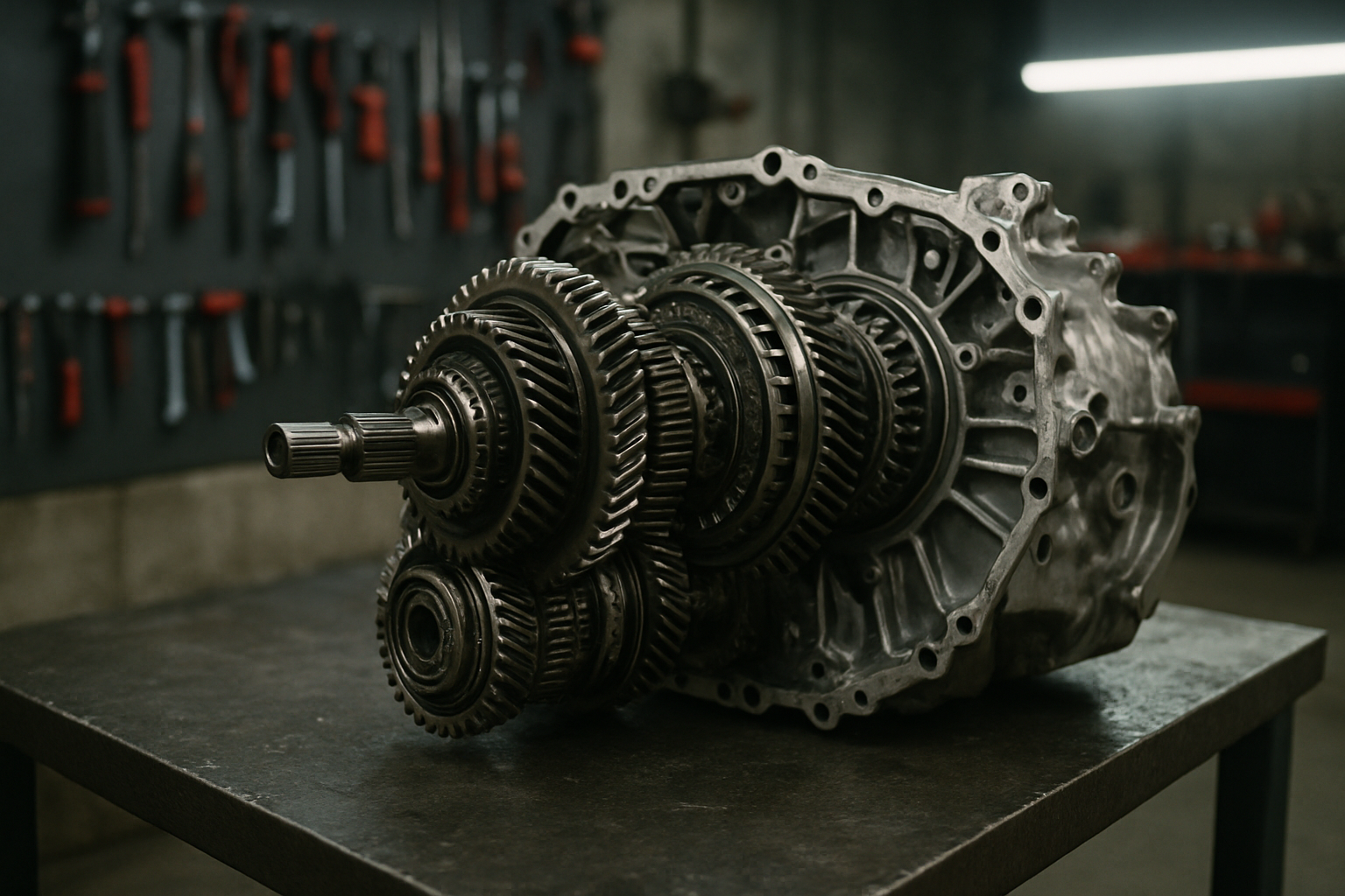 disassembled dual-clutch SST transmission unit from a Mitsubishi Lancer Evolution X on a steel workbench
