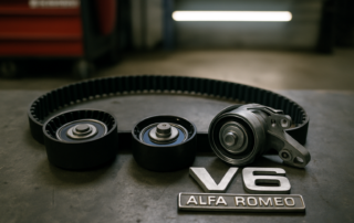 Alfa Romeo V6 Busso timing belt and tensioner pulleys laid on a workbench