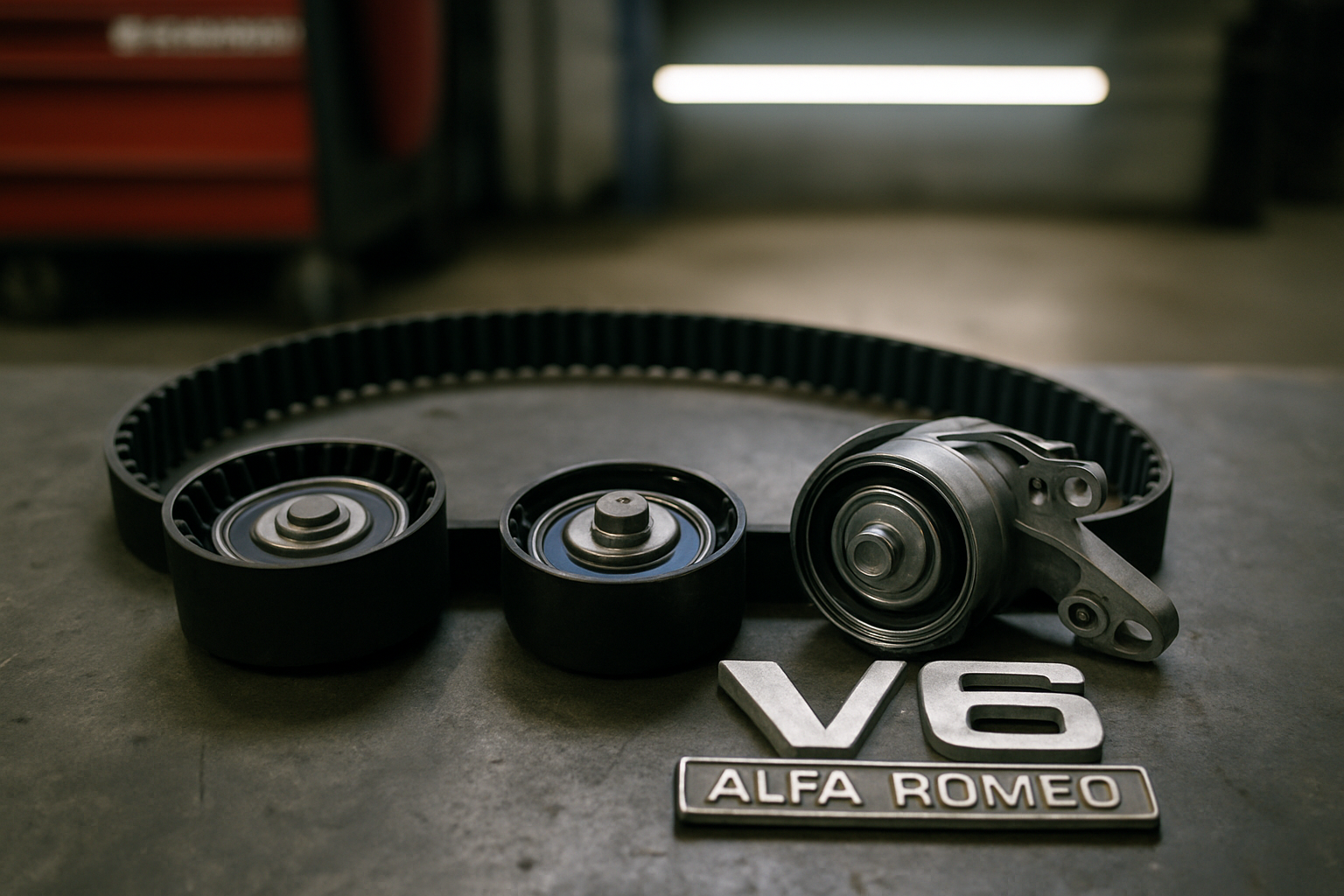 Alfa Romeo V6 Busso timing belt and tensioner pulleys laid on a workbench