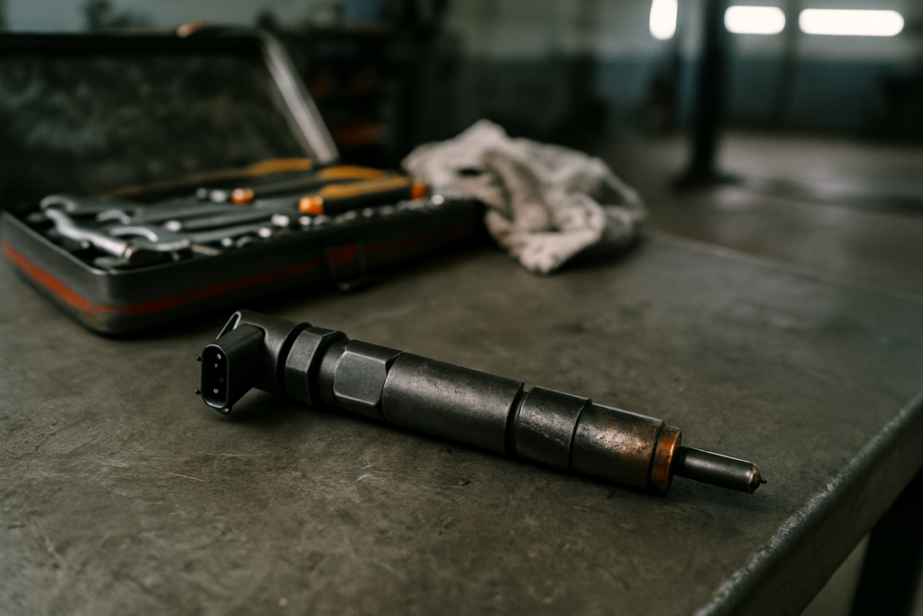Injecteur Renault 1.5 dCi K9K défaillant avec dépôts calamine sur établi