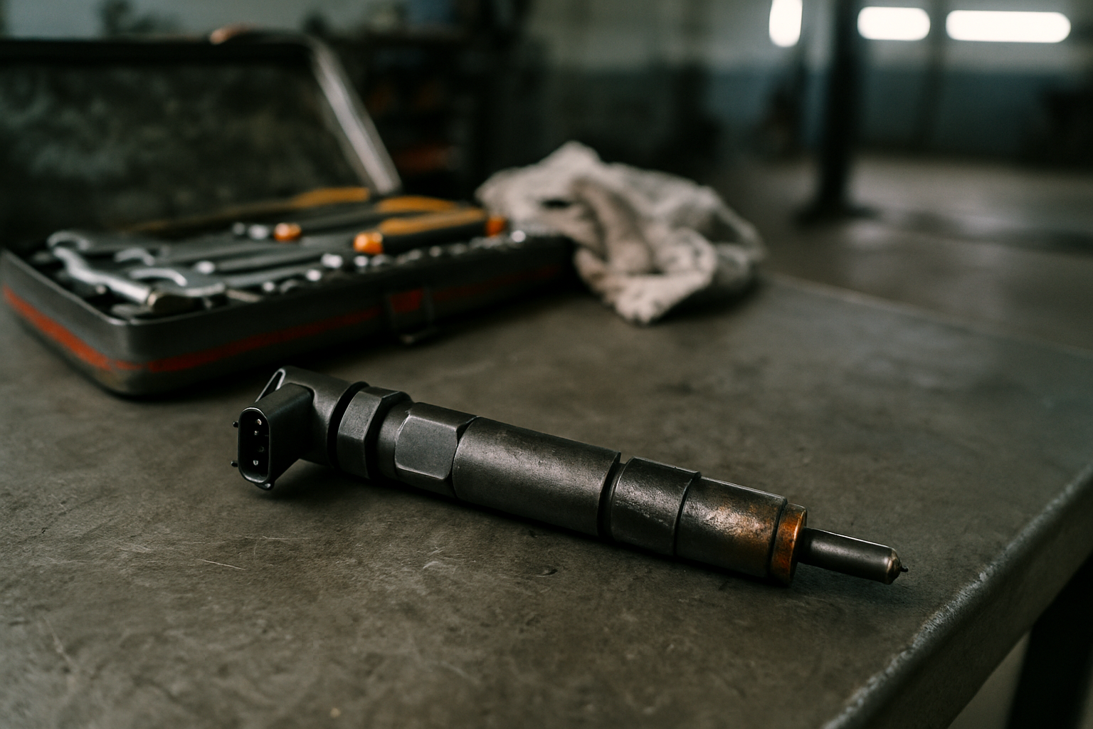 Injecteur Renault 1.5 dCi K9K défaillant avec dépôts calamine sur établi