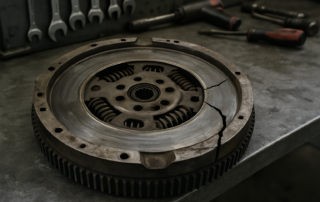 cracked dual-mass flywheel from a Peugeot 2.0 HDi DW10 engine removed and placed on a workbench