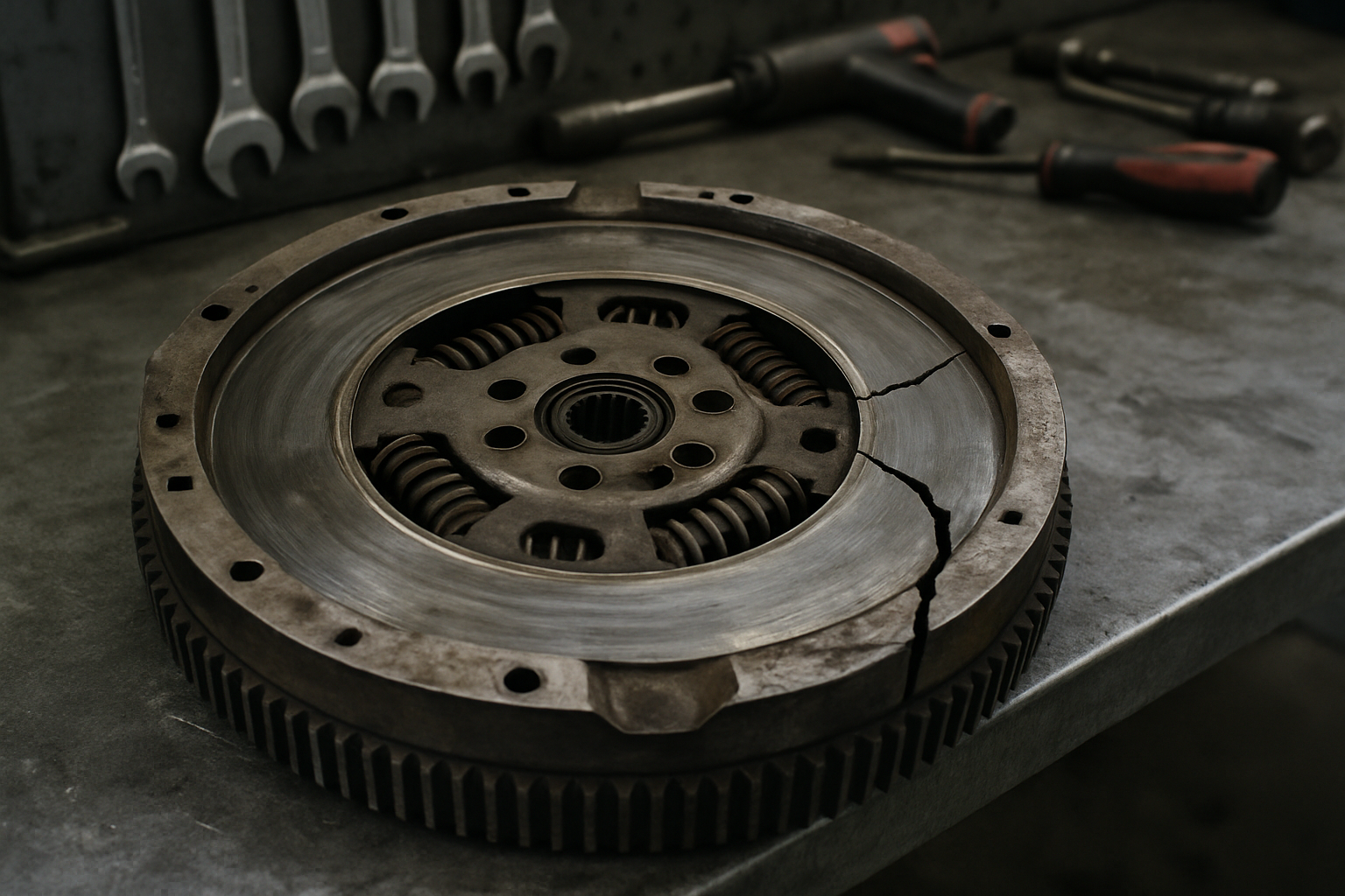 cracked dual-mass flywheel from a Peugeot 2.0 HDi DW10 engine removed and placed on a workbench