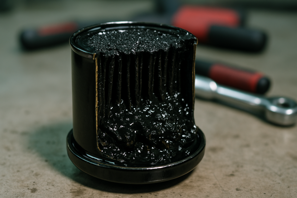 a clogged oil filter for a PSA 1.6 HDi DV6 engine cut open revealing black sludge and metallic deposits