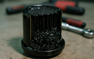 a clogged oil filter for a PSA 1.6 HDi DV6 engine cut open revealing black sludge and metallic deposits