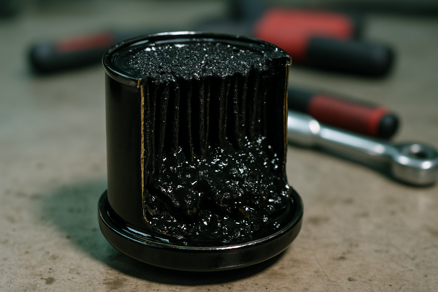a clogged oil filter for a PSA 1.6 HDi DV6 engine cut open revealing black sludge and metallic deposits