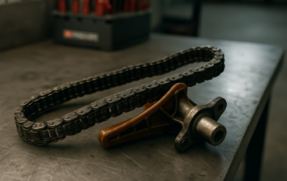 worn timing chain and tensioner from a BMW N57 diesel engine laid on a workbench