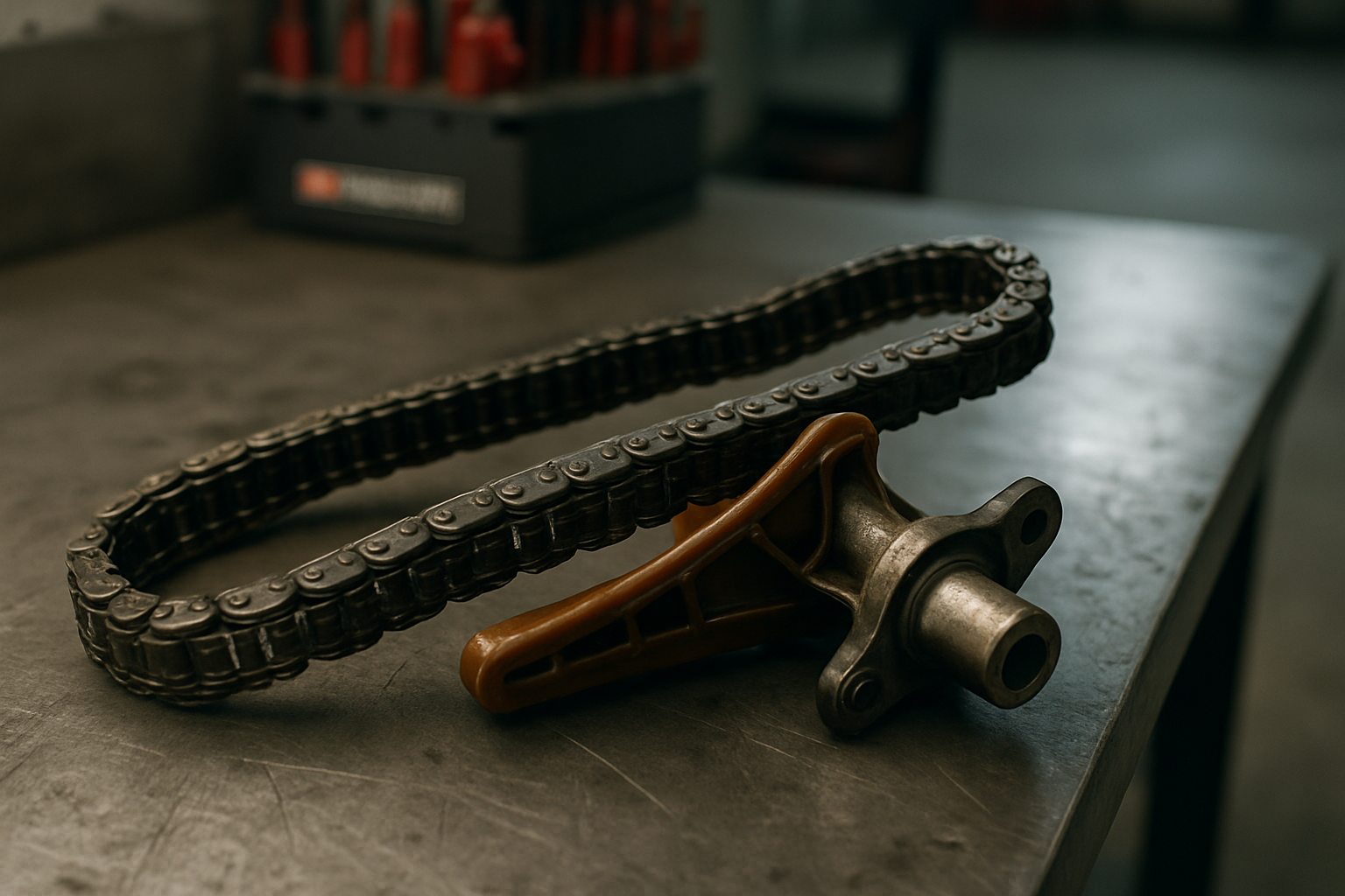 worn timing chain and tensioner from a BMW N57 diesel engine laid on a workbench