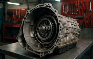 automatic transmission gearbox from a BMW X5 removed and placed on a workbench