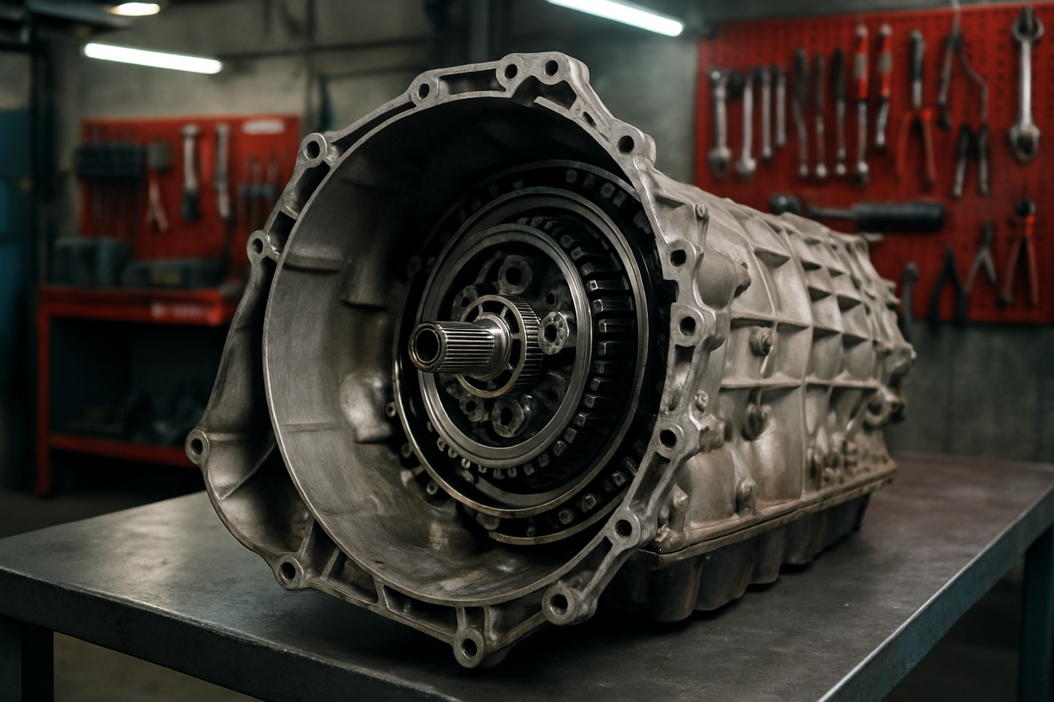 automatic transmission gearbox from a BMW X5 removed and placed on a workbench