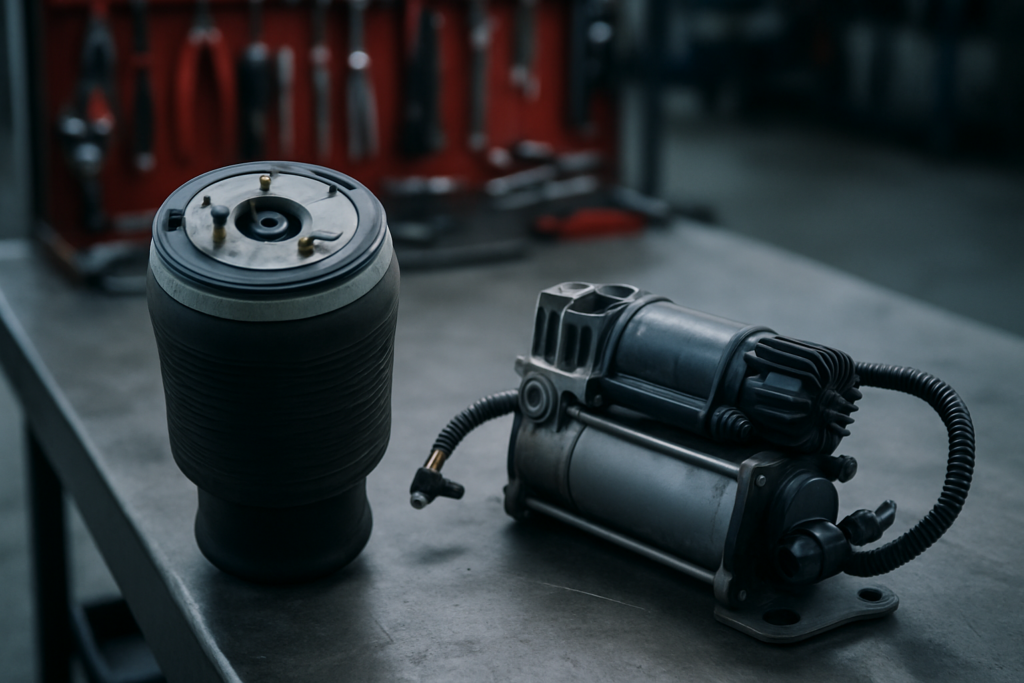 BMW X5 air suspension air bag and compressor unit on a workbench