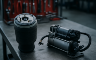 BMW X5 air suspension air bag and compressor unit on a workbench