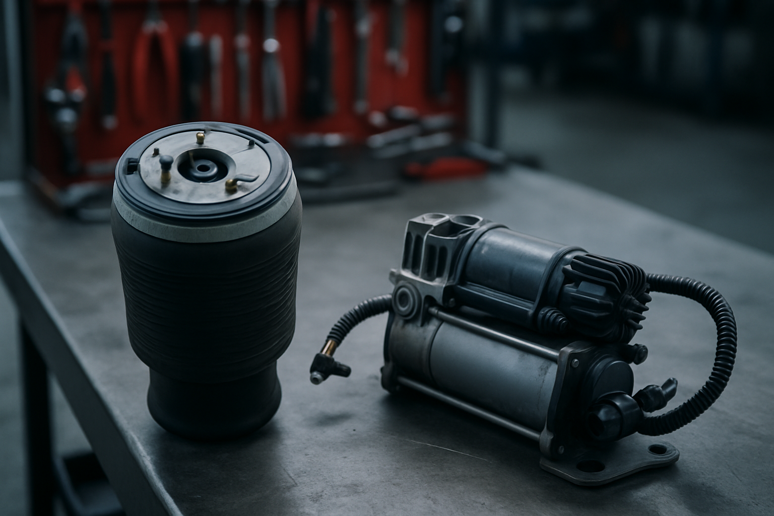 BMW X5 air suspension air bag and compressor unit on a workbench