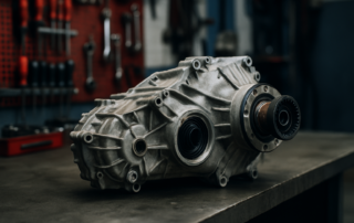 BMW X5 transfer case removed and placed on a workbench