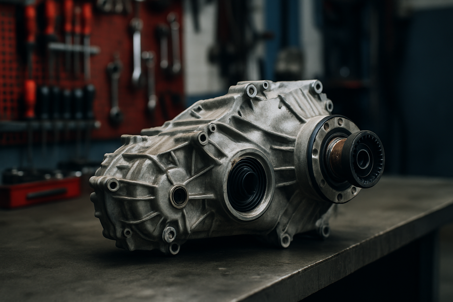 BMW X5 transfer case removed and placed on a workbench
